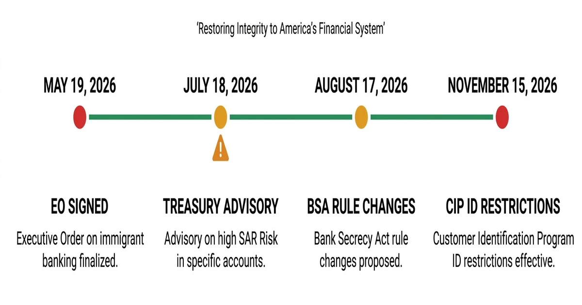 Timeline of 2026 U.S. immigrant banking policy changes: Executive Order signed May 19, Treasury Advisory July 18, BSA Rule Changes August 17, CIP ID Restrictions November 15 — 'Restoring Integrity to America's Financial System'
