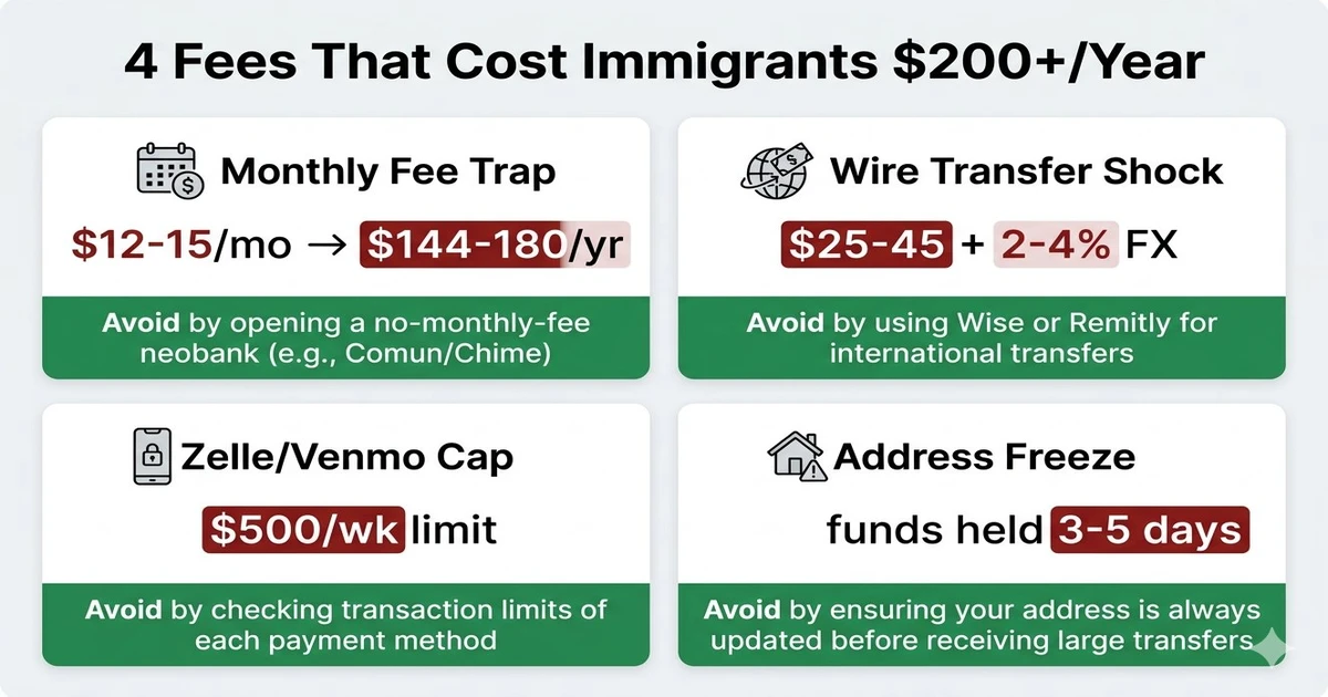 4 banking fees that cost immigrants $200+ per year: Monthly Fee Trap $12-15/mo = $144-180/yr, Wire Transfer Shock $25-45 plus 2-4% FX, Zelle/Venmo $500/week cap, Address Freeze funds held 3-5 days — with solutions for each