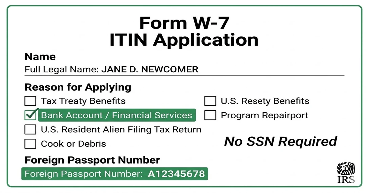 IRS Form W-7 ITIN Application — showing 'Bank Account / Financial Services' as reason for applying and Foreign Passport Number field — No SSN Required