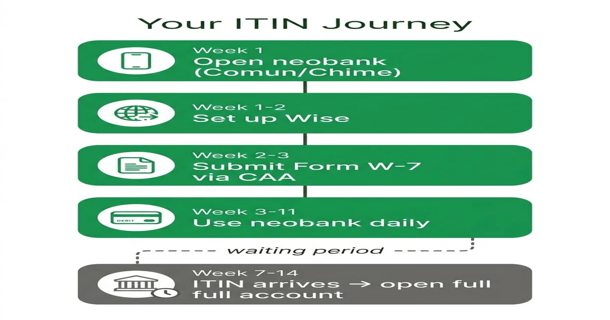 Your ITIN journey timeline: Week 1 open neobank (Comun/Chime), Week 1-2 set up Wise, Week 2-3 submit Form W-7 via CAA, Week 3-11 use neobank daily, Week 7-14 ITIN arrives and open full bank account