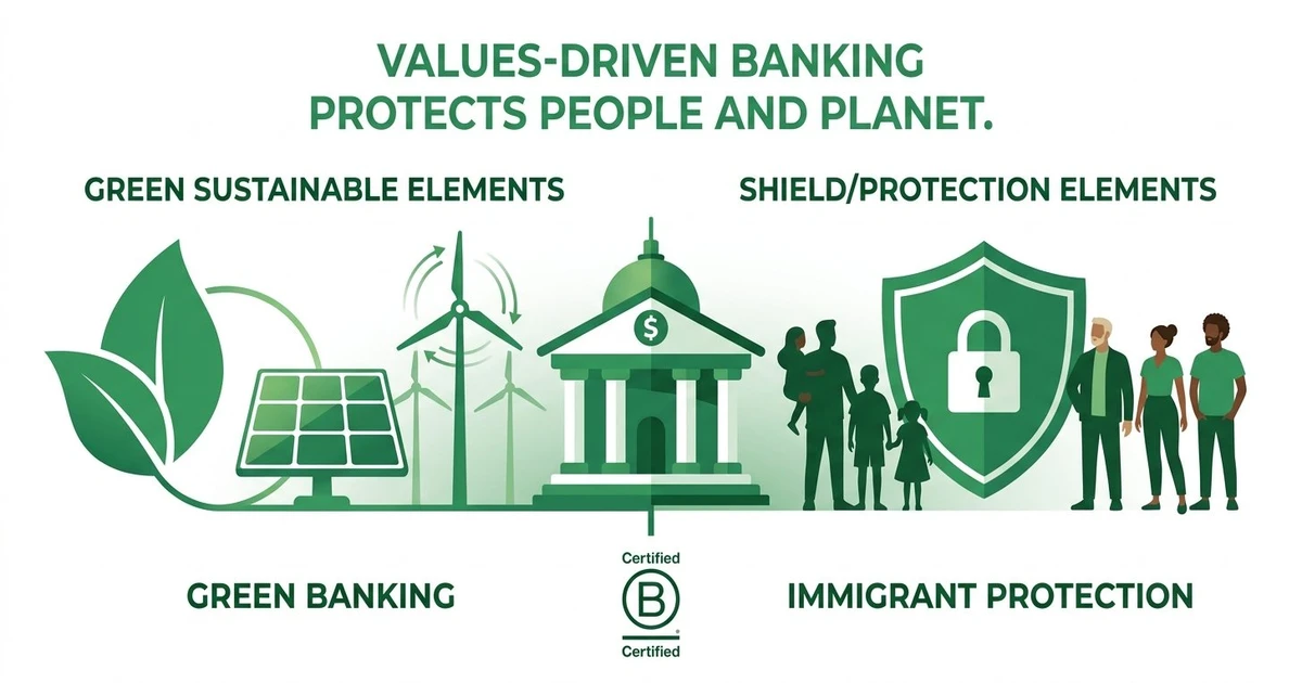 Values-Driven Banking Protects People and Planet — infographic showing green sustainable banking elements (solar panels, wind turbines) connected to immigrant protection shield and B-Corp certified bank — GreenNewcomer.com